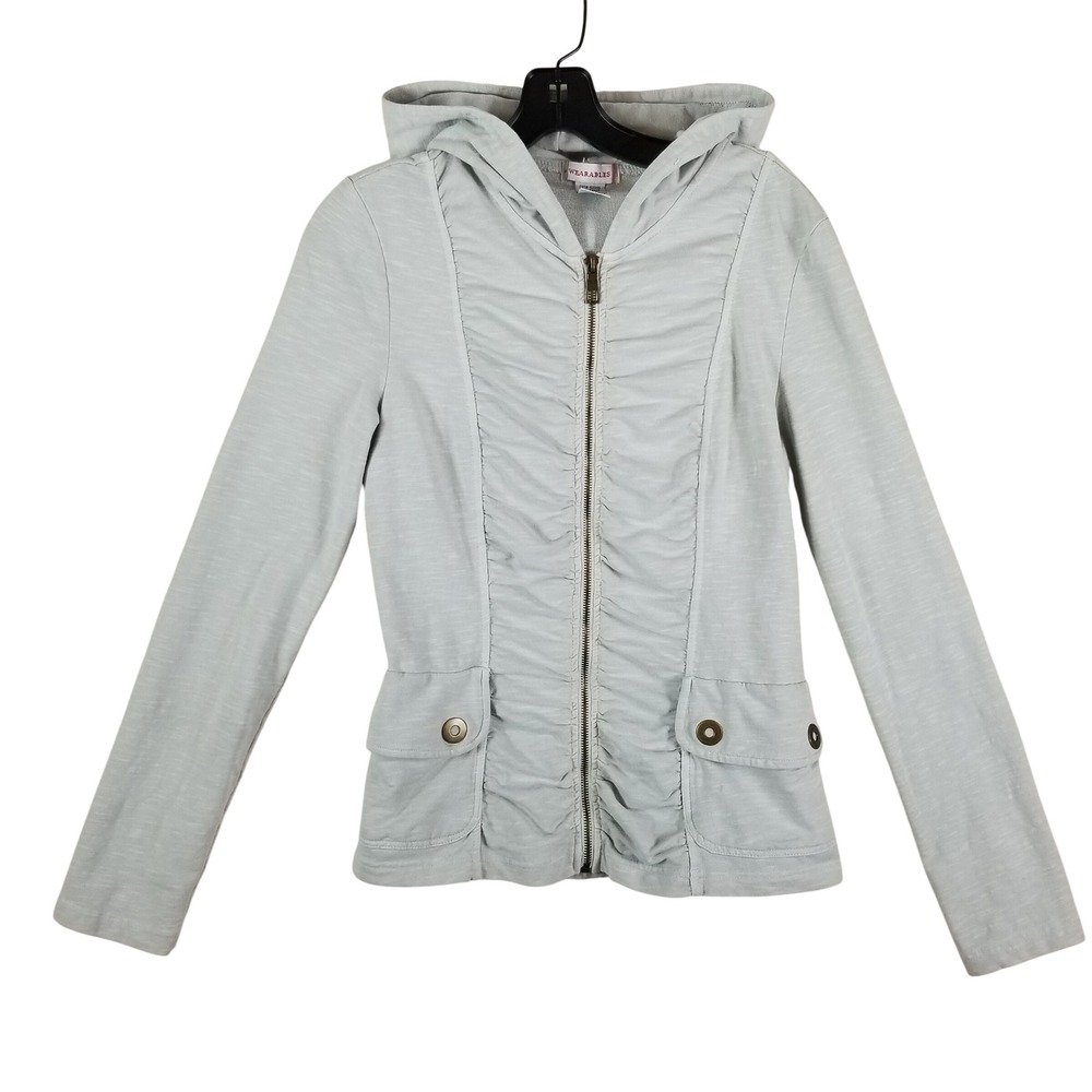 Wearables by XCVI Zip Up Hoodie Ruched Front Flap Pockets Light Sage Green Small
